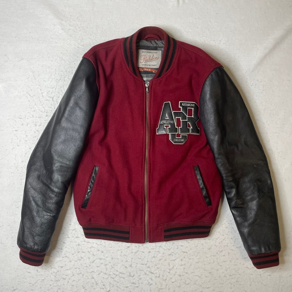 Redskins Varsity Jacket Mens Large Burgundy Black Leather Wool Letterman‎ Bomber
